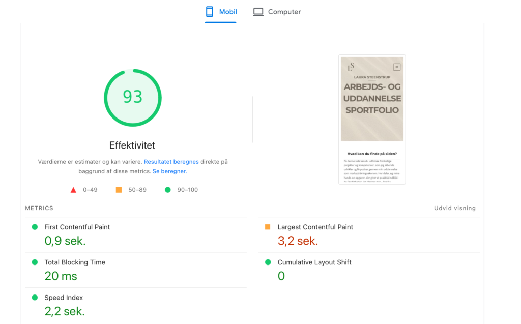 Pagespeed Insight mobil Laura Steenstrup